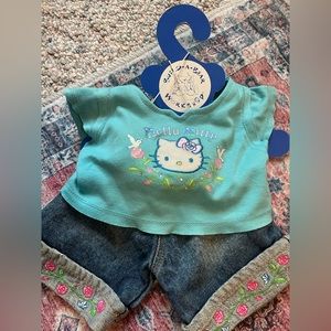 NEW BABW Build a Bear Clothes Pink Hello Kitty Floral T-Shirt Denim Shorts